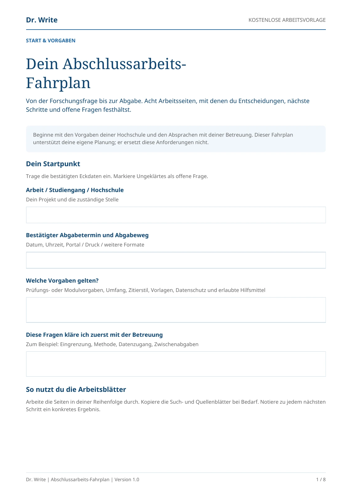 Dr. Write Abschlussarbeits-Fahrplan