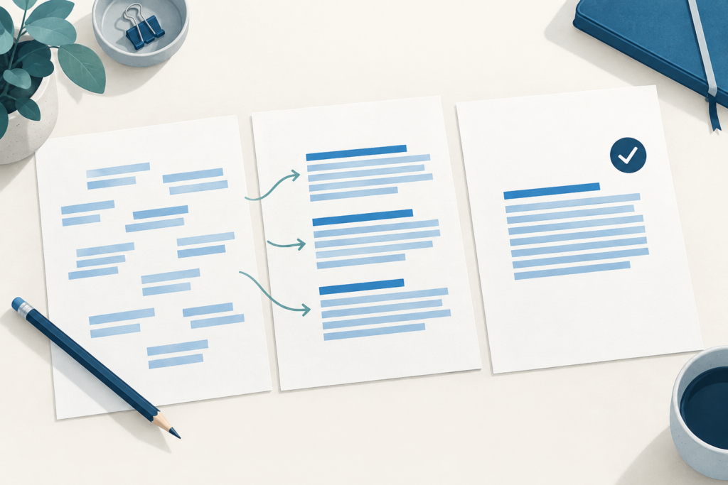 Illustration: Ungeordnete Textbausteine werden in zusammenhängende Absätze und einen überarbeiteten Text überführt.